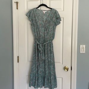 Flutter Sleeve Faux-Wrap Dress, elastic waist with belt and ruffle, floral print